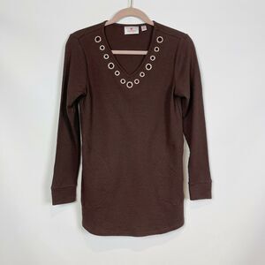 Quacker Factory V-Neck Tunic XXS Brown Long Sleeve Waffle KniT NWOT
